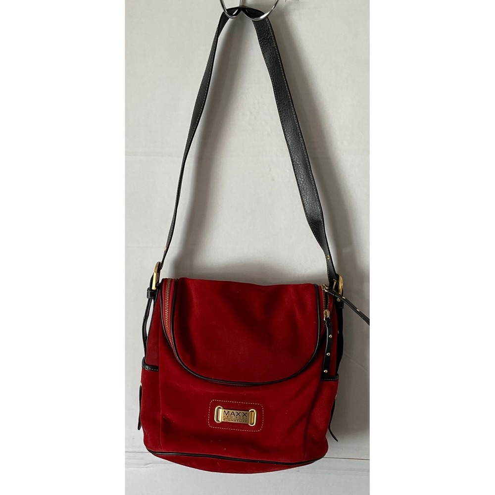 Maxx New York Signature Red Suede Black Leather Crossbody Bag with Pouch Gold HW